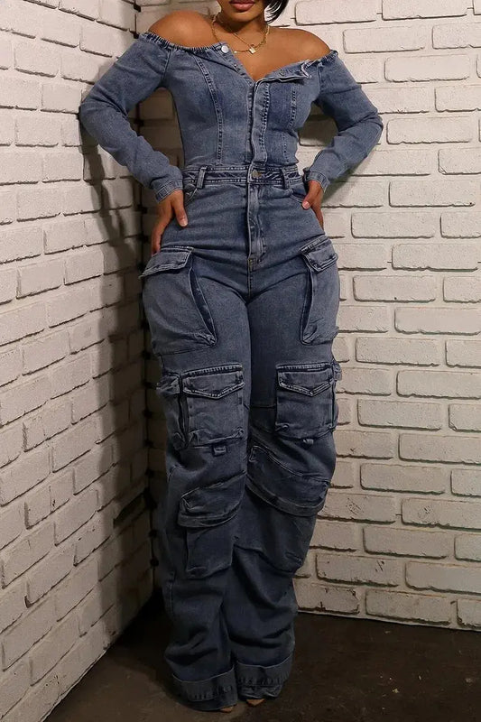 Women Cargo Multi-pocket Denim Jumpsuits Sexy Off Shoulder Long Sleeve Washed Jean Rompers Autumn Streetwear One Piece Overalls FZwear