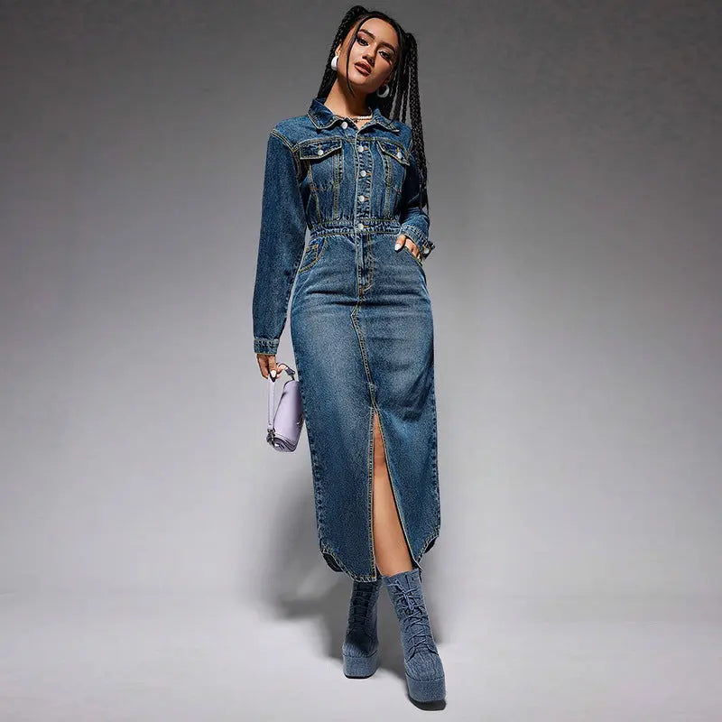 Women Clothing Collared Button Long Sleeve Split Denim Maxi Dress Dermal