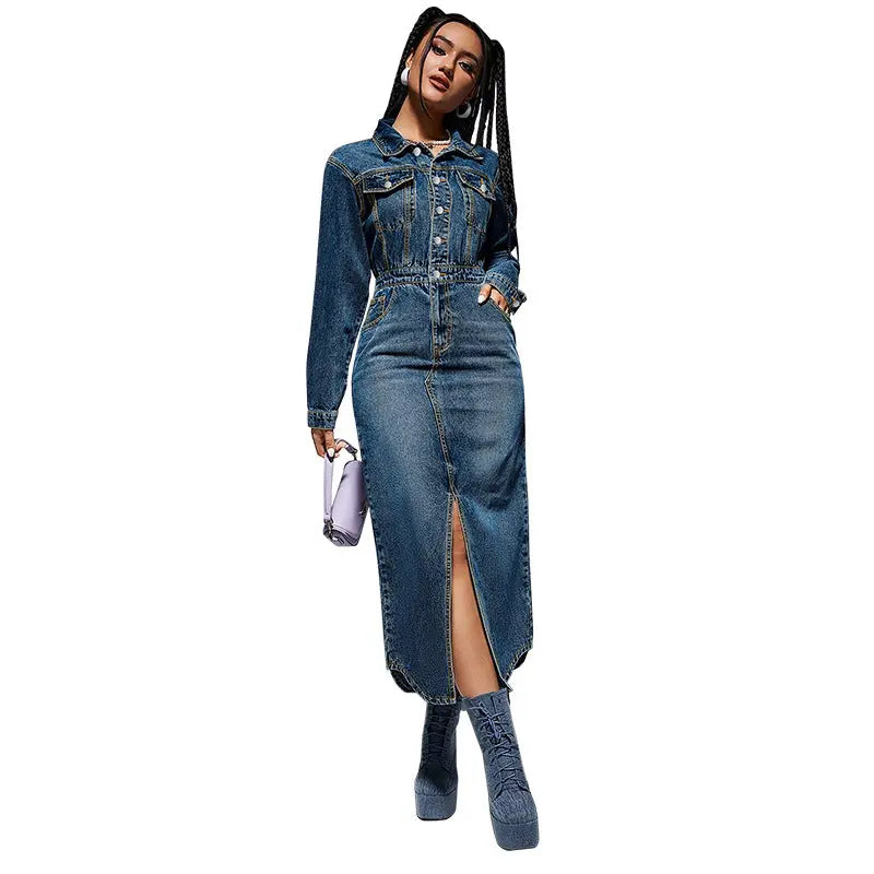 Women Clothing Collared Button Long Sleeve Split Denim Maxi Dress Dermal