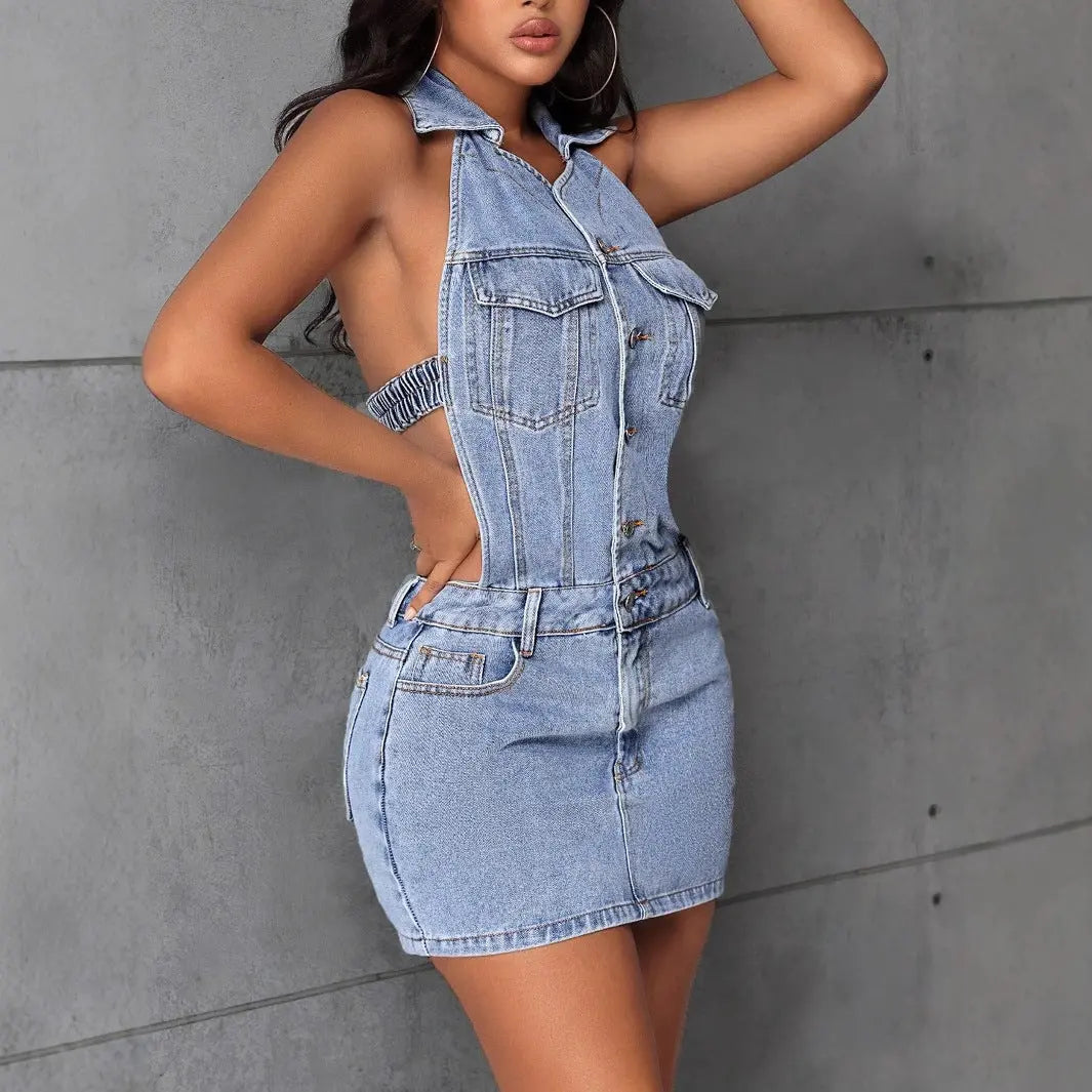 Women Clothing Halter Backless Denim Dress FentyWild