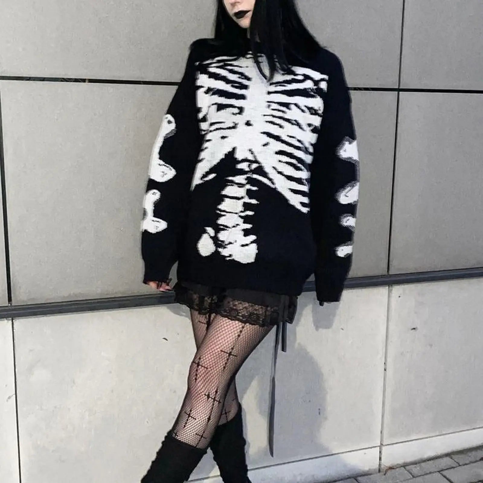 Women Clothing Long Sleeve Woolen Spring Autumn Halloween Skull Print Casual Pullover Sweater Eedele