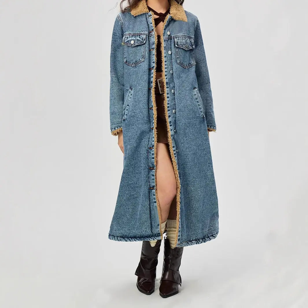 Women Clothing Loose Long Velvet Lining Cotton Padded Coat Denim Coat FentyWild