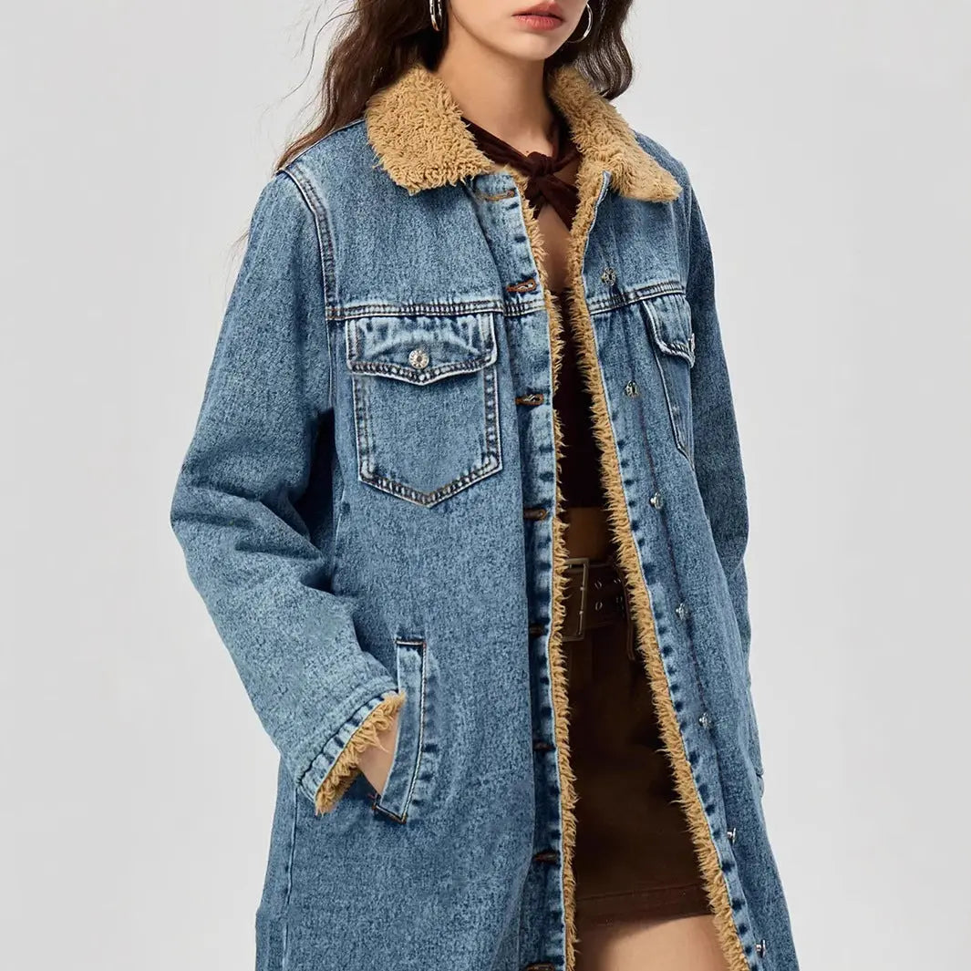 Women Clothing Loose Long Velvet Lining Cotton Padded Coat Denim Coat FentyWild