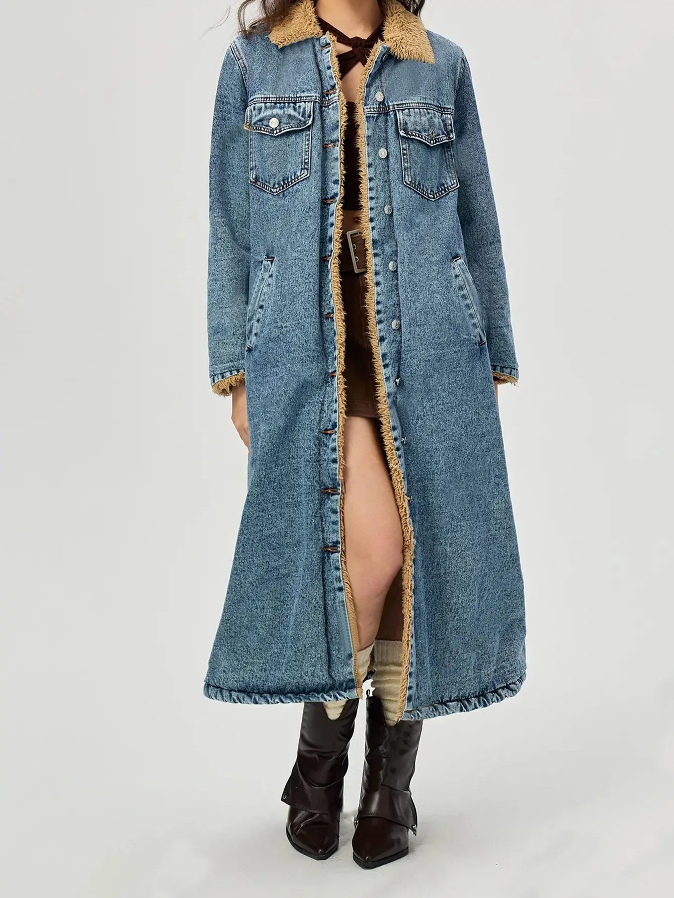 Women Clothing Loose Long Velvet Lining Cotton Padded Coat Denim Coat FentyWild