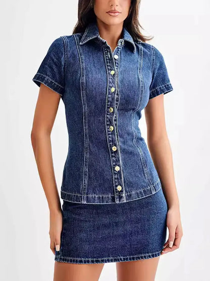 Women Denim Short Sleeve Button High Waist Skirt Sets YooYoung