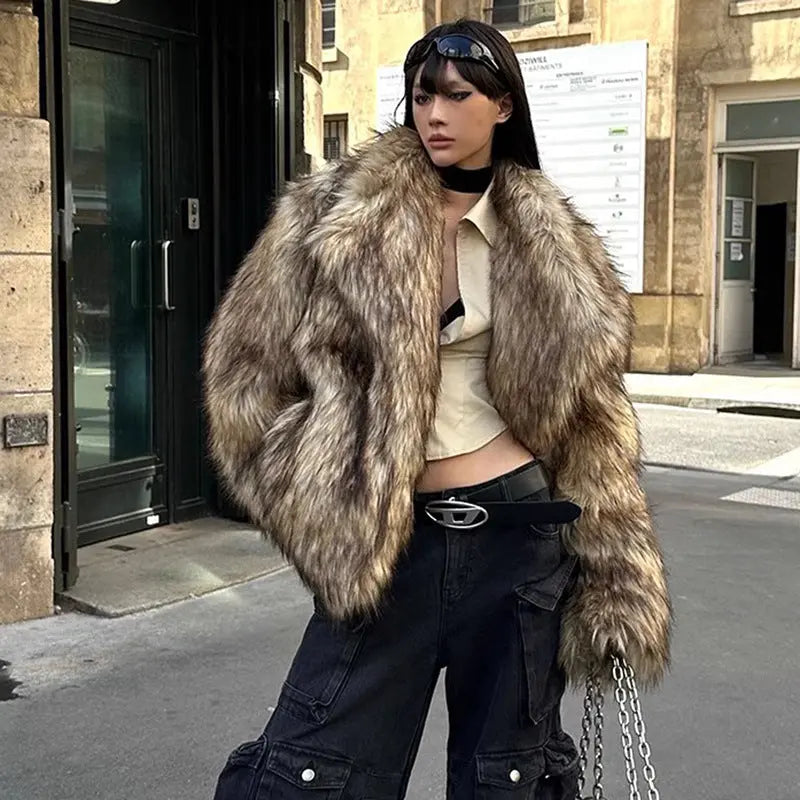 Women Fur Coat Raccoon Fur Coat Brown Collared Environmental Protection Fur Warm Furry Coat Casual Zimo