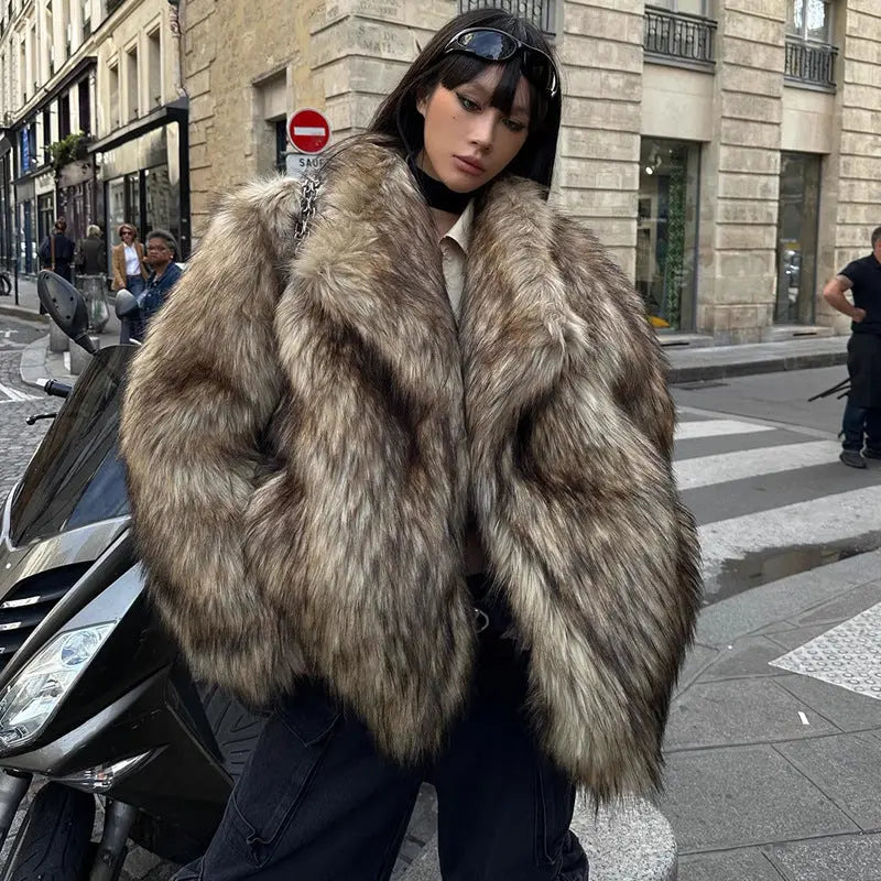 Women Fur Coat Raccoon Fur Coat Brown Collared Environmental Protection Fur Warm Furry Coat Casual Zimo