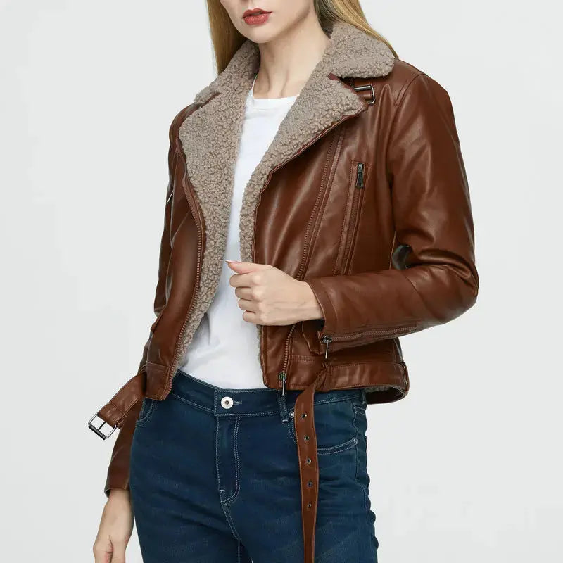 Women High Quality Winter Warm Faux Leather Jackets Lady Black Brown Fur Motorcycle Biker Street Outerwear Coats  New Fashion FZwear