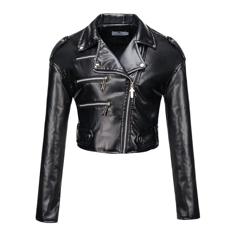 Women Leather Jacket Slim Fit Short Cotton High Waist Long Sleeve Collared Oblique Zipper Leather Jacket Faux Leather Women Motorcycle Clothing CityStar