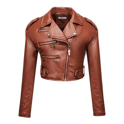 Women Leather Jacket Slim Fit Short Cotton High Waist Long Sleeve Collared Oblique Zipper Leather Jacket Faux Leather Women Motorcycle Clothing CityStar