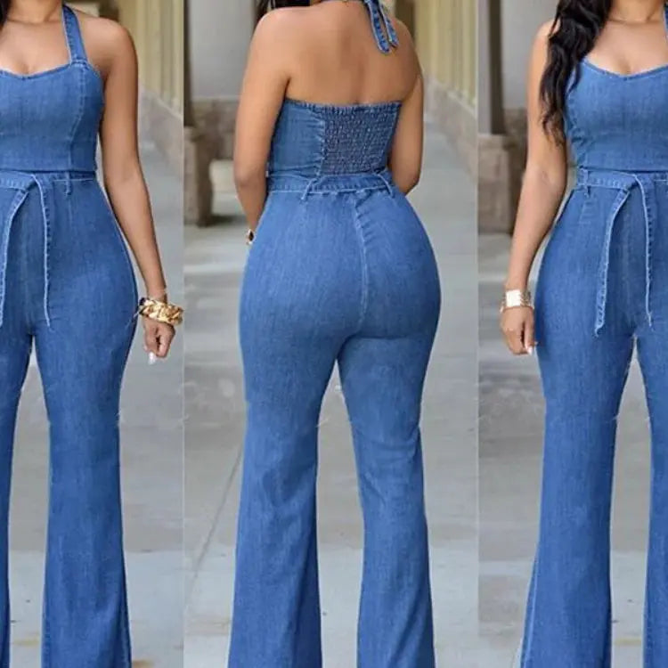 Women One Piece Solid Denim Jumpsuits Sleeveless V Neck Rompers Wide Leg Long Pants Overalls Sexy Slim Fit Hight Waist 2024 FZwear