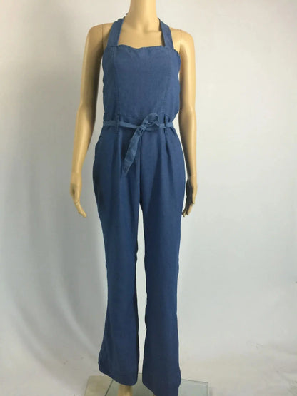 Women One Piece Solid Denim Jumpsuits Sleeveless V Neck Rompers Wide Leg Long Pants Overalls Sexy Slim Fit Hight Waist 2024 FZwear