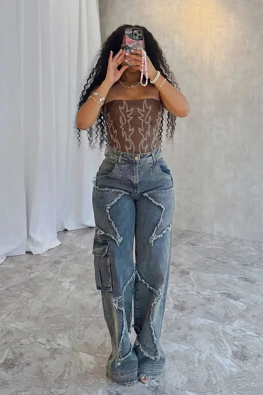 Women Tassel Pentagram Pockets Cargo Jeans Y2K Streetwear Wide Leg Straight Trousers Trend Denim Pants Ladies Fashion Bottoms FZwear