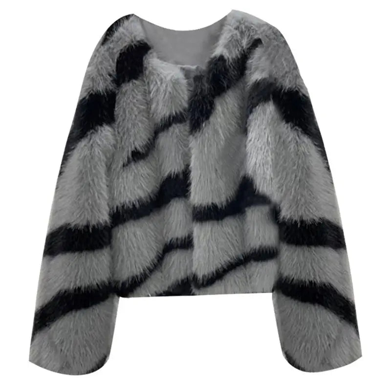 Women Zebra Pattern Fur Coat Faux Fur Short Classic Plush Cardigan Top Zimo