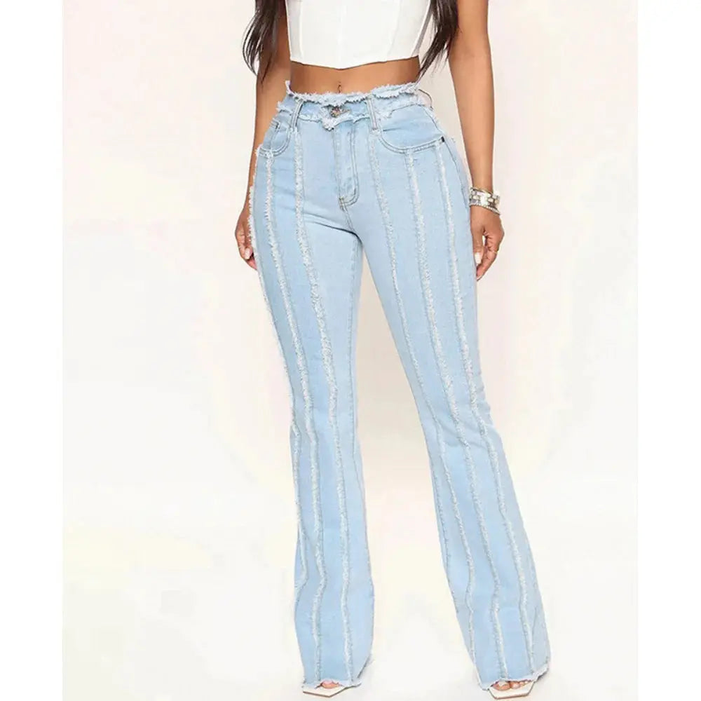 Women's 2024 European and American Edge Elastic Jeans Large size washed fringed women's jeans casual Denim trousers streetwear FZwear