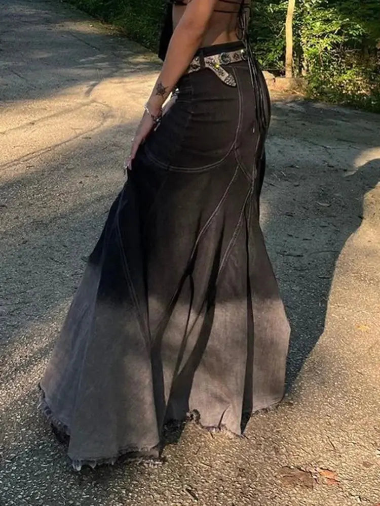 Women's A-line Denim Skirt Vintage 90s Aesthetic Y2k Long Cowboy Skirt Harajuku Korean Emo Jean Skirt 2000s Clothes Summer 2024 FZwear