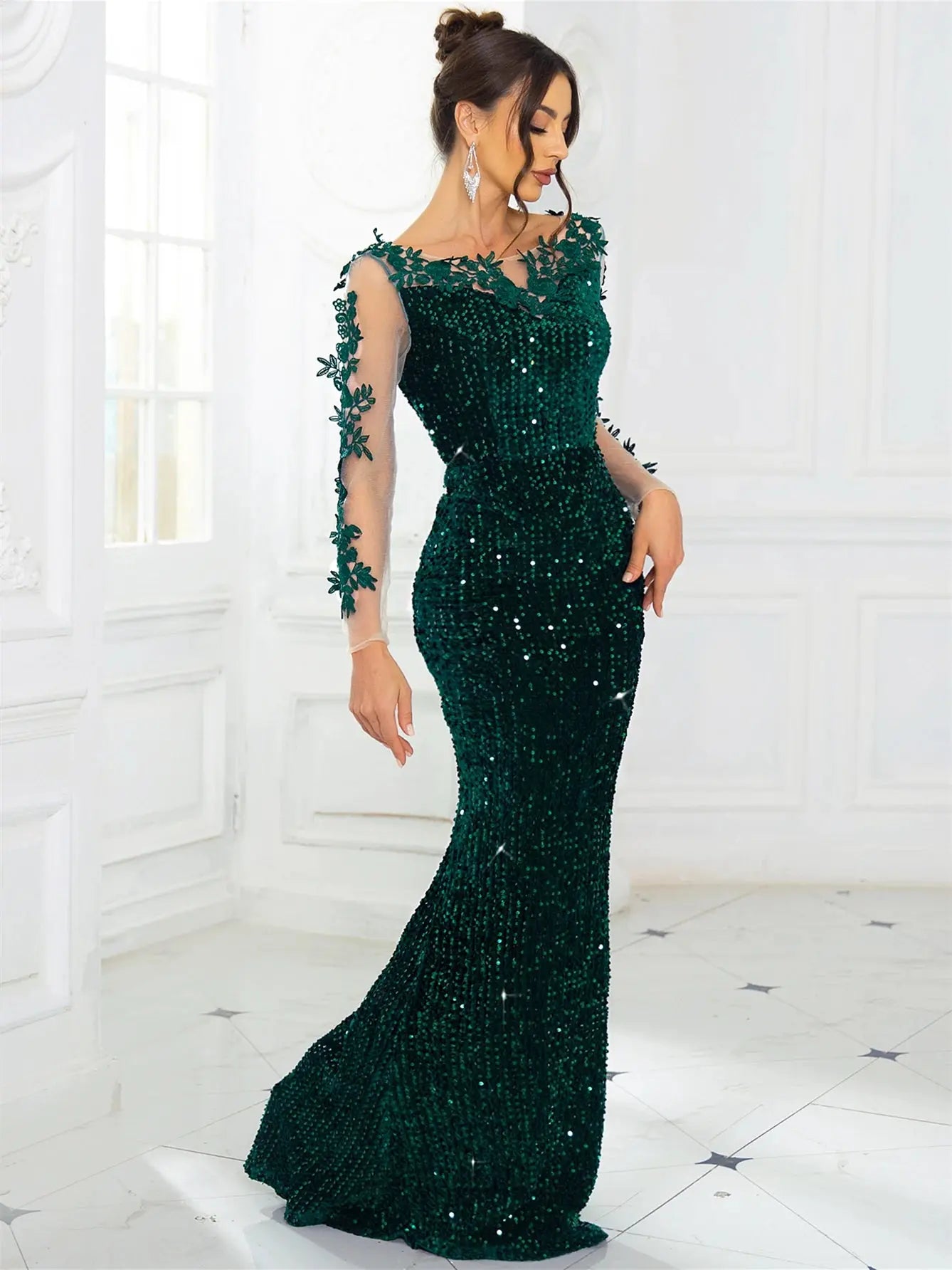 Women's Elegant Lace Sequined Evening Dress Hollow Out Long Prom Party Gown FZwear