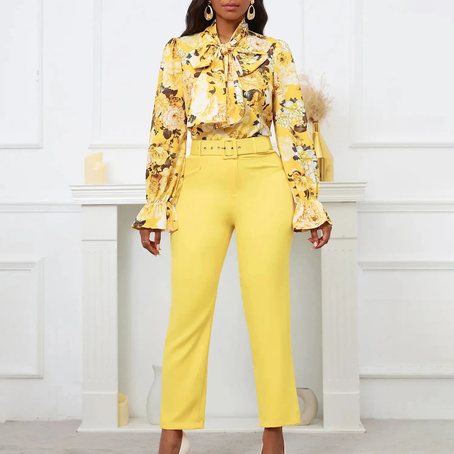 Women's New 2024 Summer Fashionable And Elegant Commute Printed Long-sleeved Tops High-waisted Casual Pants Suit With Belt FZwear