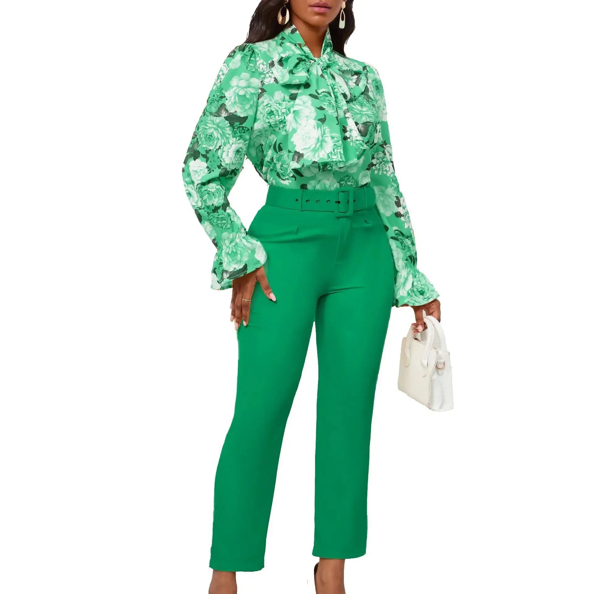 Women's New 2024 Summer Fashionable And Elegant Commute Printed Long-sleeved Tops High-waisted Casual Pants Suit With Belt FZwear