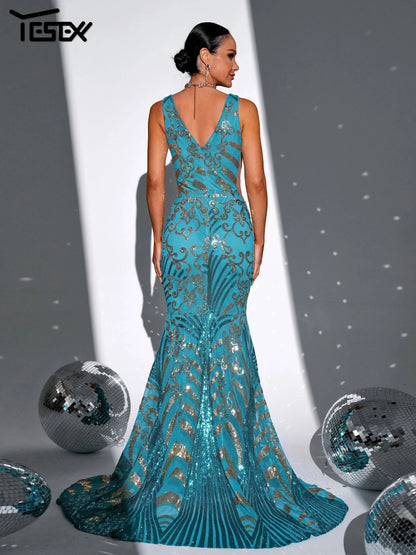 Yesexy Green 2024 New V Neck Sequin Mermaid Evening High Quality Luxury Formal Occasion Prom Party Dresses FZwear