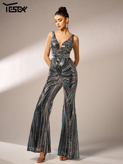 Yesexy New Black V Neck Sequin Chic Elegant Formal Occasion Birthday Party High Quality Luxury Jumpsuit FZwear