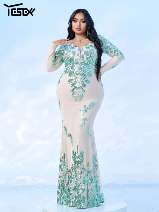 Yesexy New Plus Size Green Long Sleeves Sequin Mermaid Evening Gown Graduation Wedding Birthday Party Formal Occasion Dresses FZwear