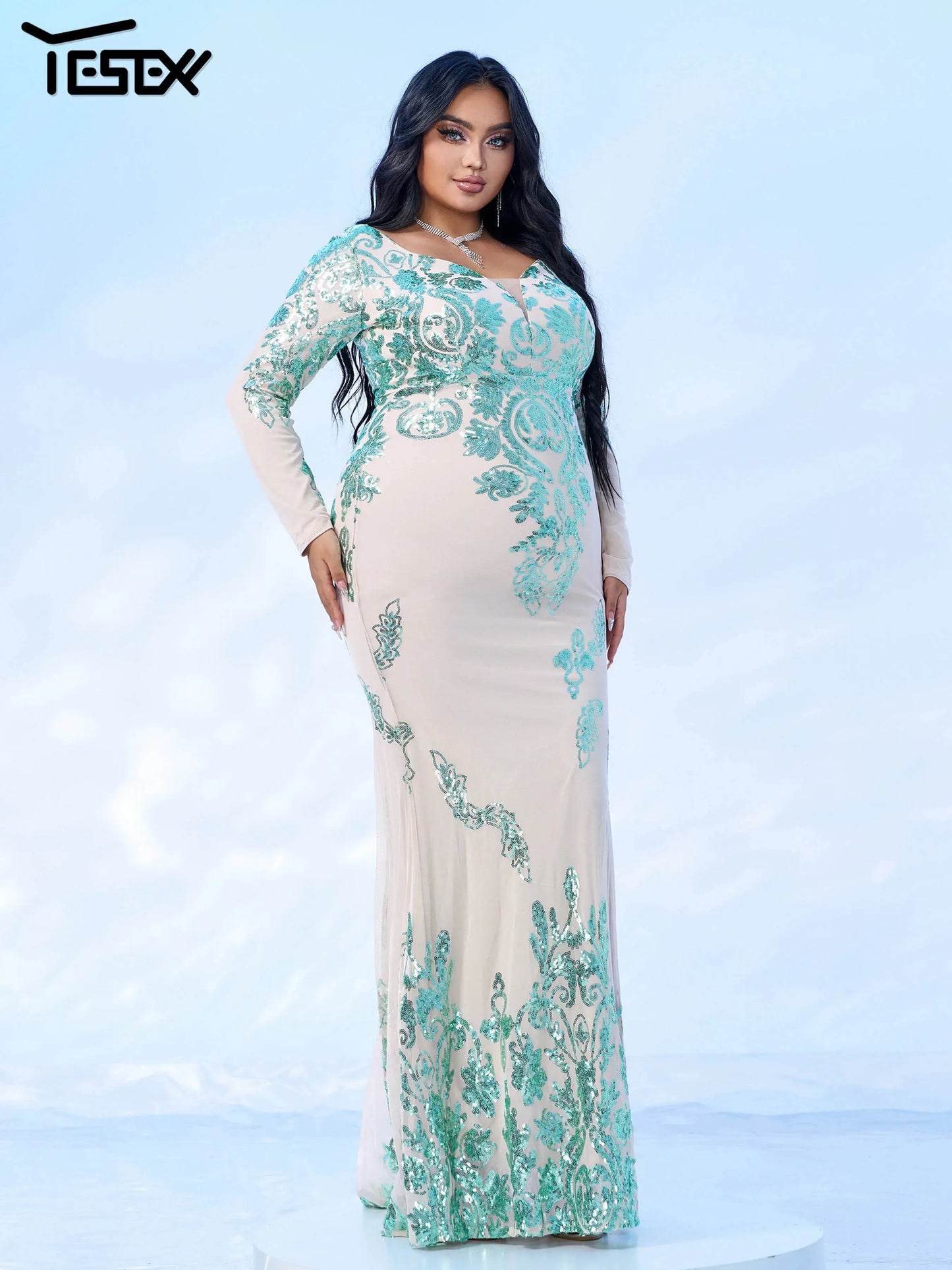 Yesexy New Plus Size Green Long Sleeves Sequin Mermaid Evening Gown Graduation Wedding Birthday Party Formal Occasion Dresses FZwear