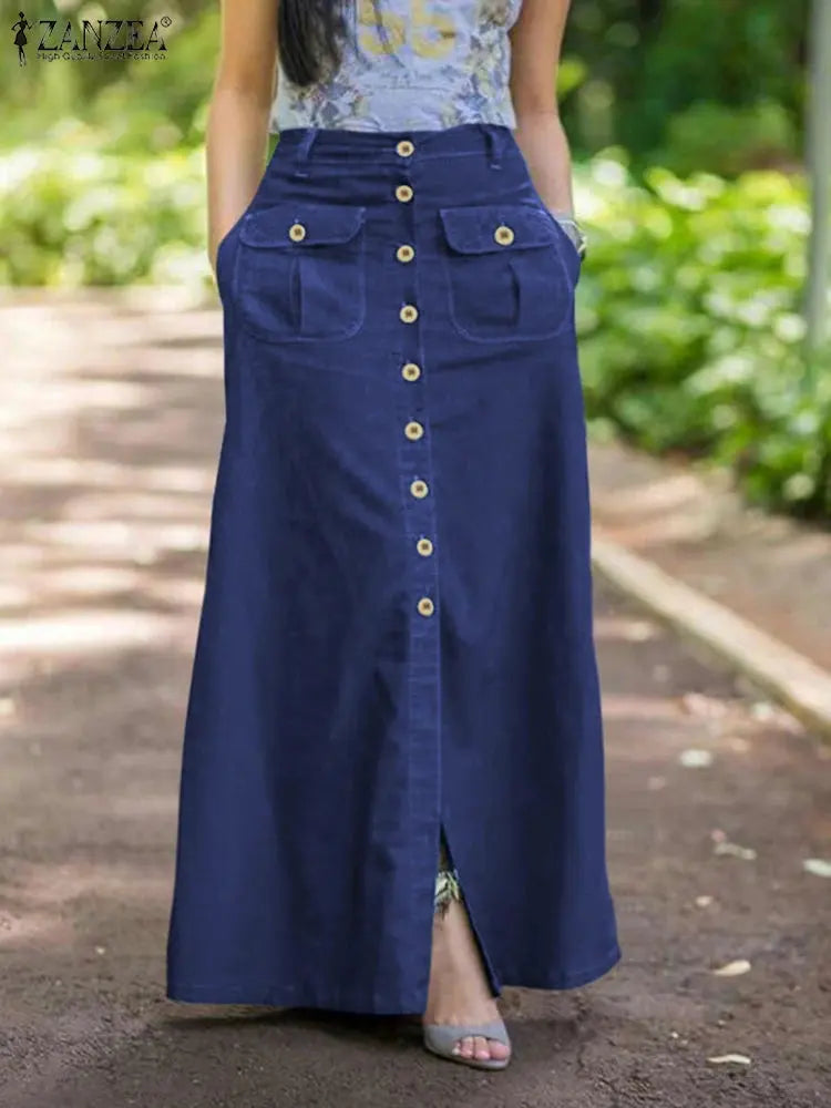 ZANZEA Women Denim Blue Maxi Skirt Vintage Skirts 2024 Summer Casual Solid Holiday Bottoms Lady A-line Button Up Skirt Oversized FZwear