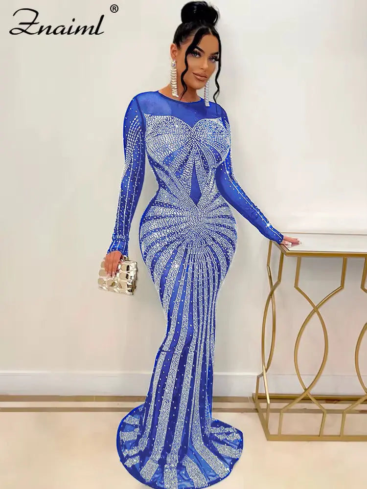 Znaiml 2023 Luxury Sparkly Women Crystal Rhinestone Mermaid Evening Dresses Female Elegant Birthday Party Gown Mesh Maxi Dress FZwear