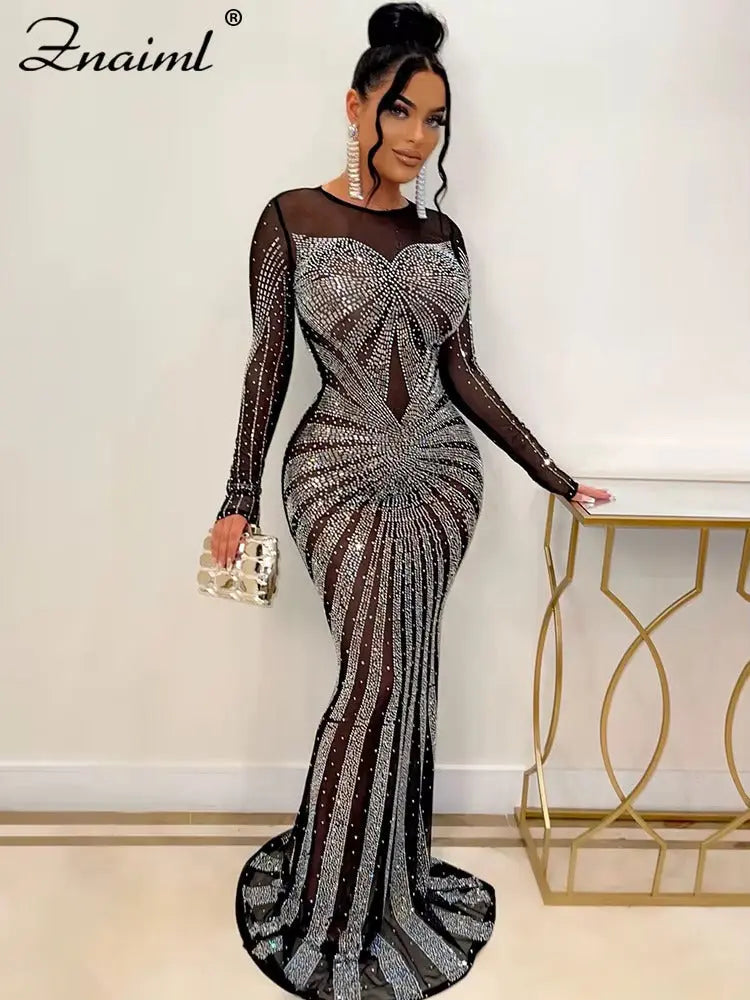 Znaiml 2023 Luxury Sparkly Women Crystal Rhinestone Mermaid Evening Dresses Female Elegant Birthday Party Gown Mesh Maxi Dress FZwear