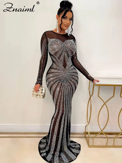 Znaiml 2023 Luxury Sparkly Women Crystal Rhinestone Mermaid Evening Dresses Female Elegant Birthday Party Gown Mesh Maxi Dress FZwear