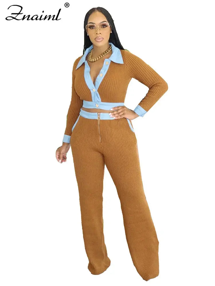 Znaiml Black Rib Knit 2 Piece Women Sets Elegant Lapel Buttons Long Sleeves Crop Top and Wide Leg Pants Suits Birthday Outfits FZwear