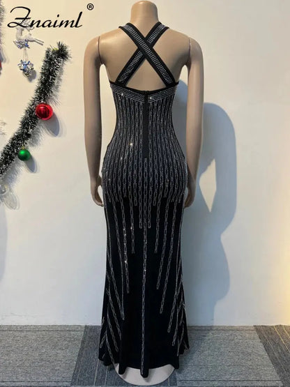 Znaiml Elegant Luxury Evening Long Dresses Women Sexy Sleeveless Rhinestone Birthday Mermaid Robe Girl's Celebrity Guest Vestido FZwear