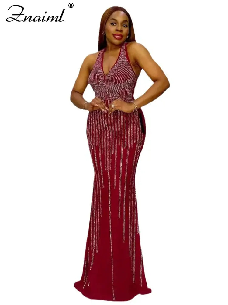 Znaiml Elegant Luxury Evening Long Dresses Women Sexy Sleeveless Rhinestone Birthday Mermaid Robe Girl's Celebrity Guest Vestido FZwear