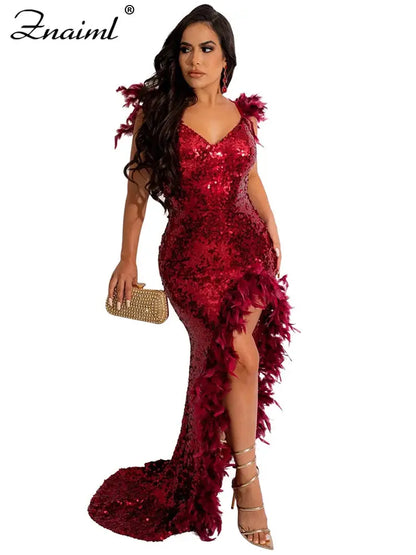 Znaiml Elegant Party Guest Backless Side High Split Long Dress Women Sexy Sequins Feathers Mermaid Evening Dresses Red Vestidos FZwear