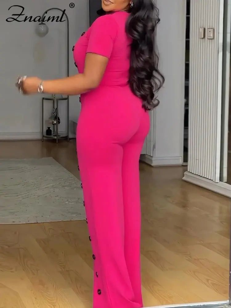 Znaiml Women Elegant Long Jumpsuits for Party Summer Short Sleeve Buttons Solid Color Wide Leg Pants Rompers One Pieces Overalls FZwear