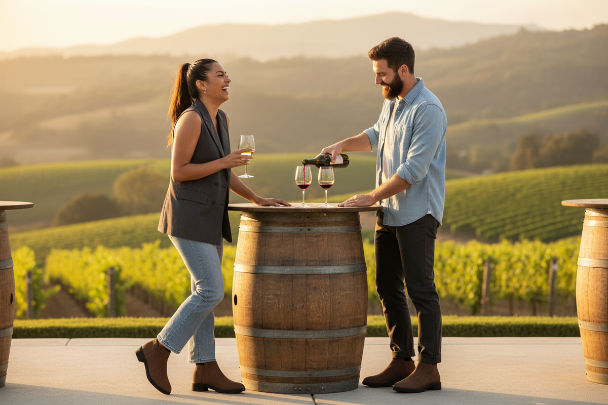 A woman and a man at a winery patio wearing brown suede slip-on ankle boots, the woman in bootcut jeans