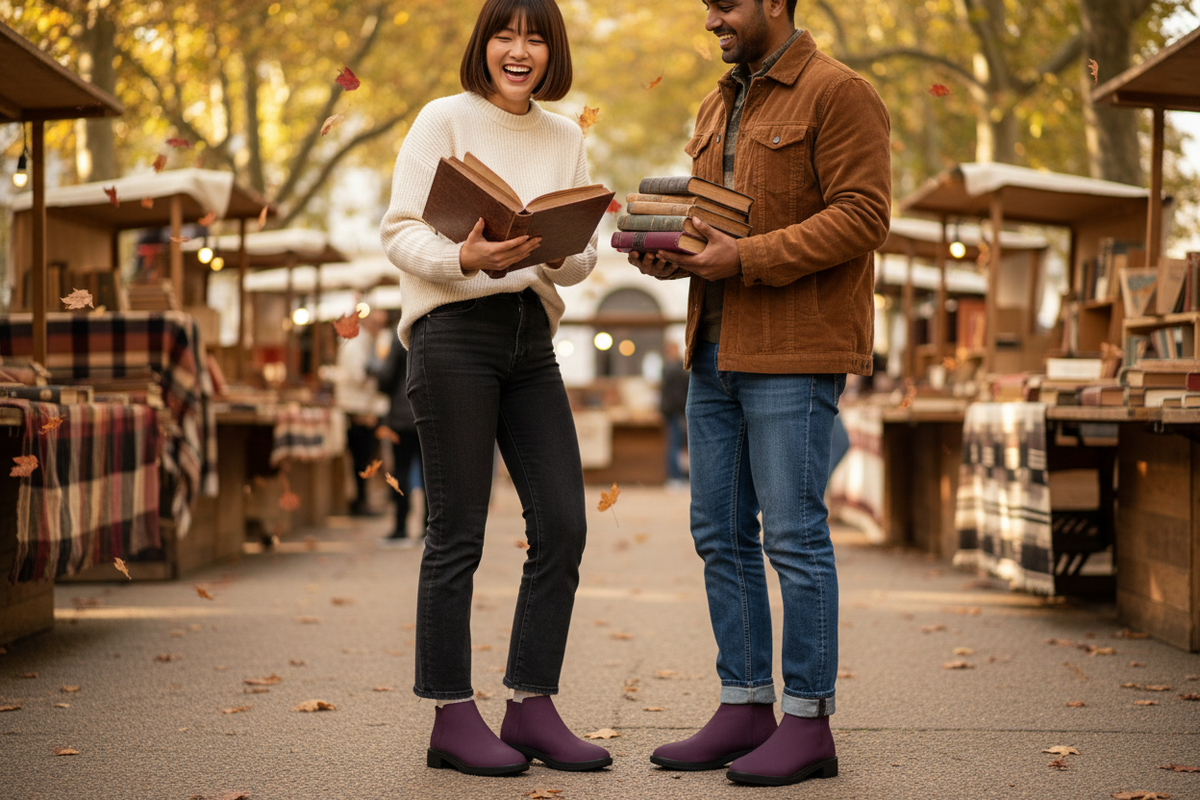 A woman and a man at an autumn book fair wearing deep plum slip-on ankle boots, the woman in bootcut jeans