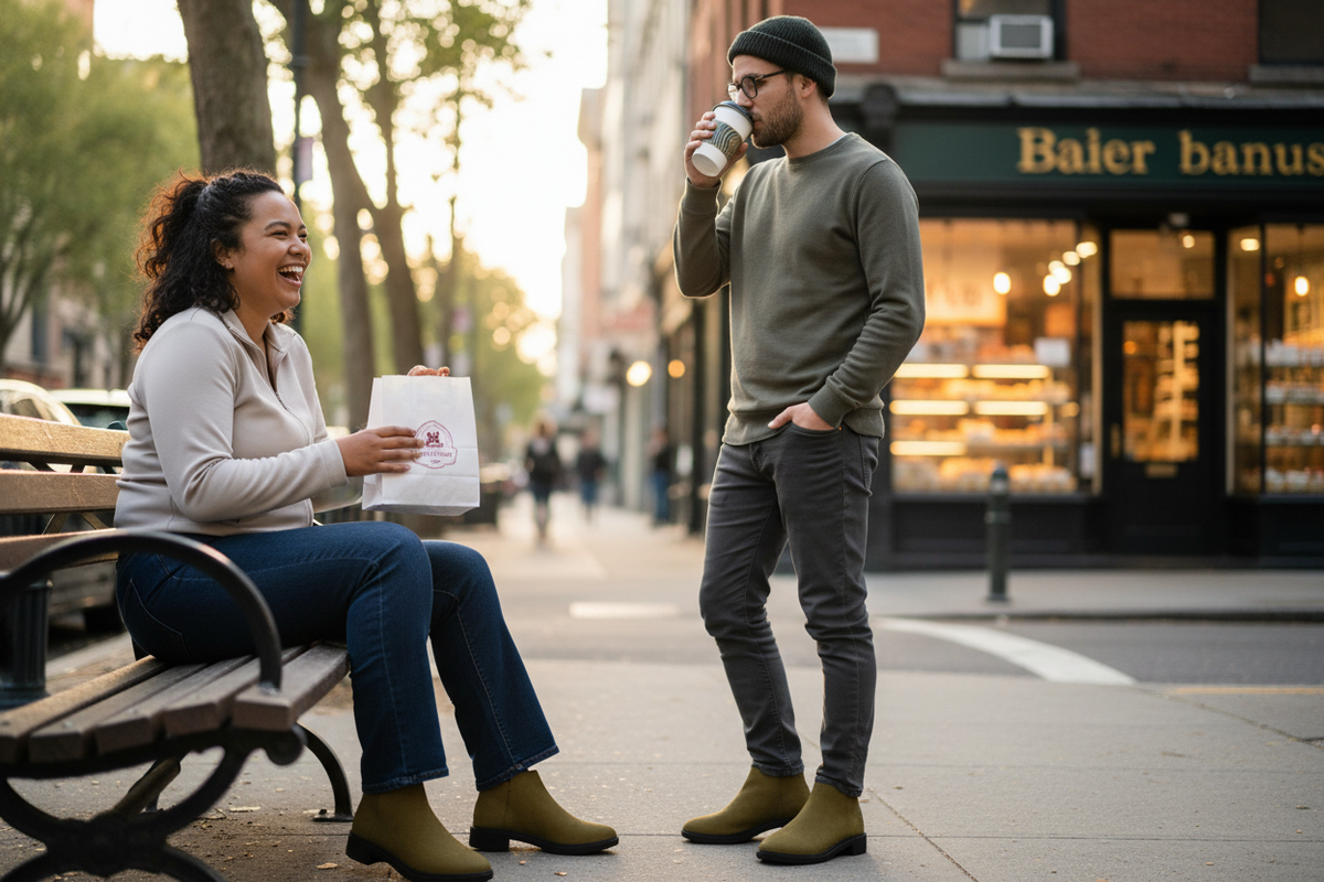 A woman and a man on a city street wearing olive slip-on ankle boots, the woman in bootcut jeans