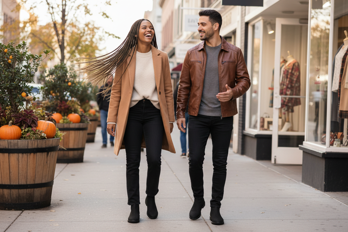 A woman and a man on a downtown street wearing black slip-on ankle boots, the woman in bootcut jeans