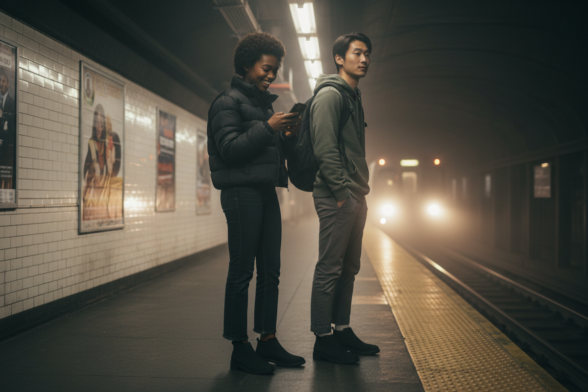 A woman and a man on a subway platform wearing black slip-on ankle boots, the woman in bootcut jeans