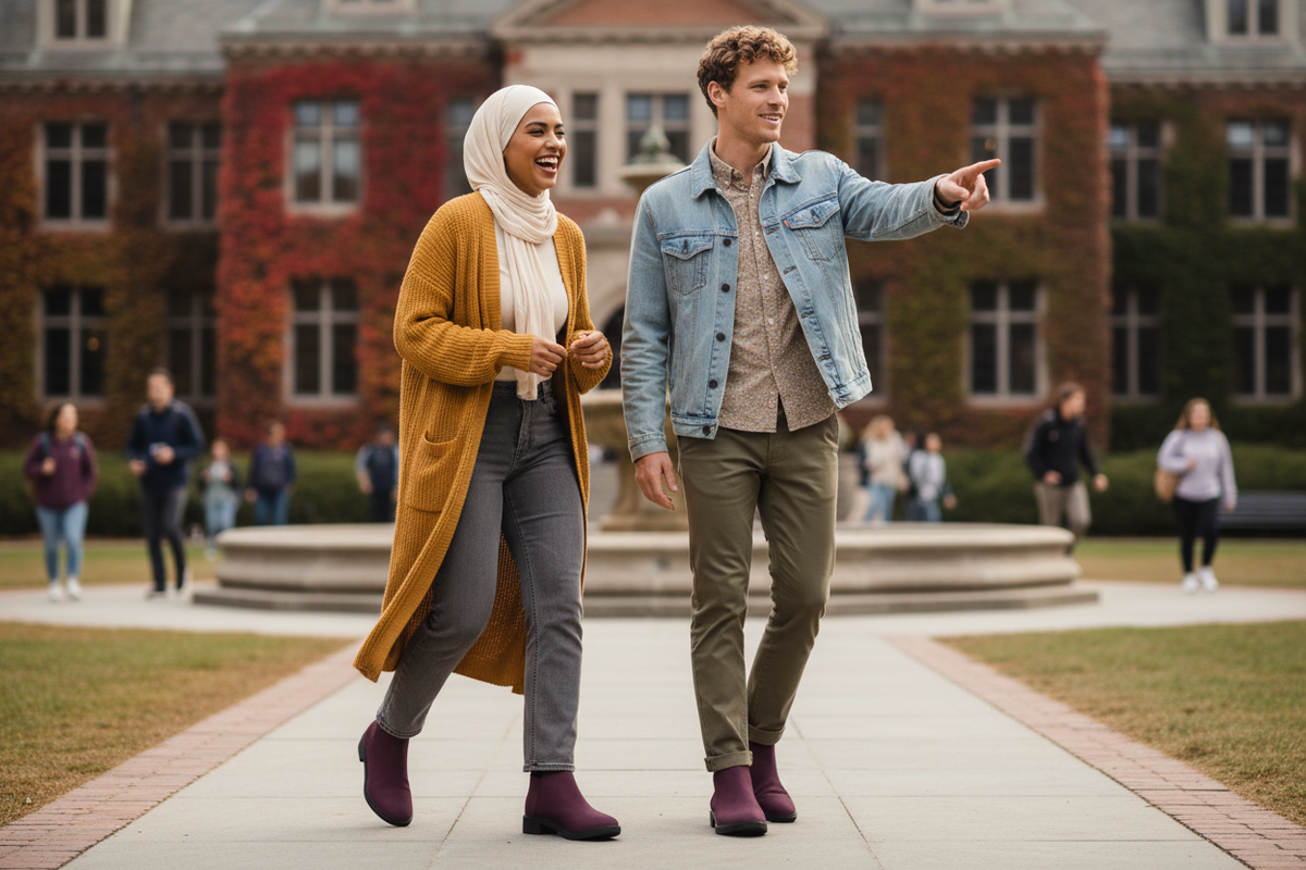 A woman and a man on a university campus wearing deep plum slip-on ankle boots, the woman in bootcut jeans