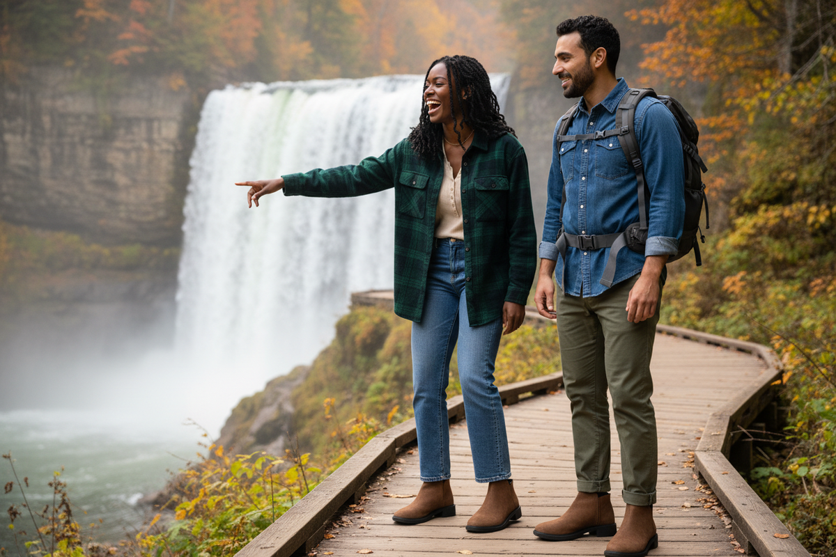 A woman and a man on a waterfall trail wearing brown suede slip-on ankle boots, the woman in bootcut jeans