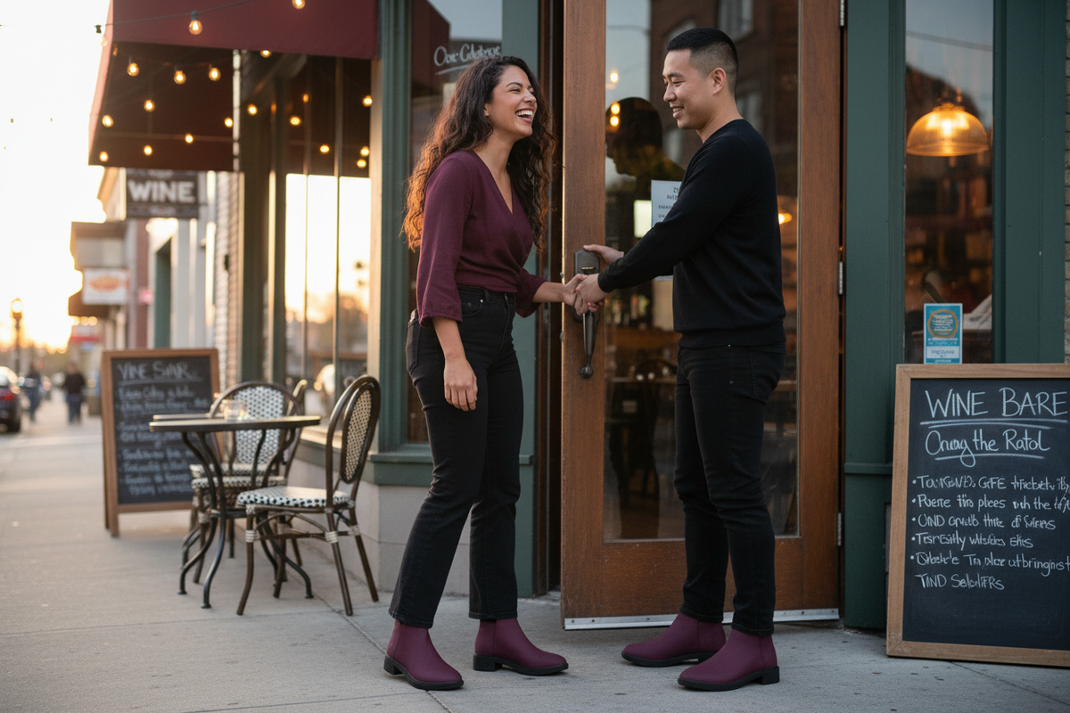 A woman and a man outside a wine bar wearing deep plum slip-on ankle boots, the woman in bootcut jeans
