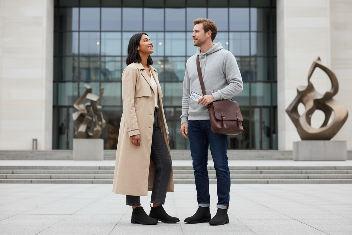A woman and a man outside an art museum wearing black slip-on ankle boots, the woman in bootcut jeans