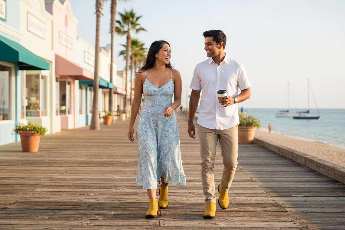 A woman and a man strolling a coastal boardwalk town wearing mustard yellow slip-on ankle boots
