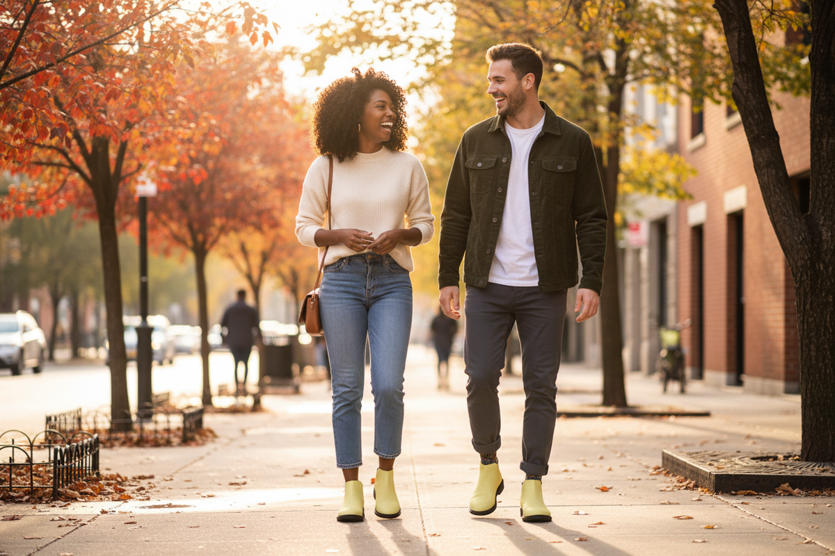 A woman and a man walking down a sunny sidewalk wearing pale yellow slip-on ankle boots