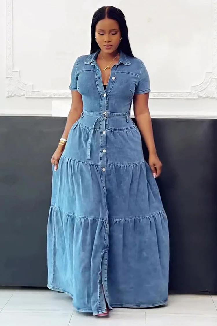 FZ Women's Button Up Short Sleeve Tiered Hem Daily Maxi Denim Dress