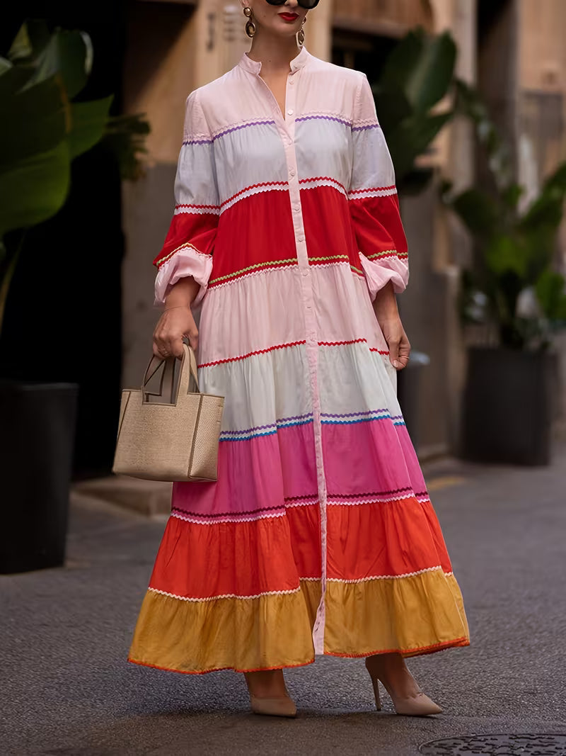 FZ Women's Bohemian Style Stripes V-Neck Lantern Sleeve Maxi Dress