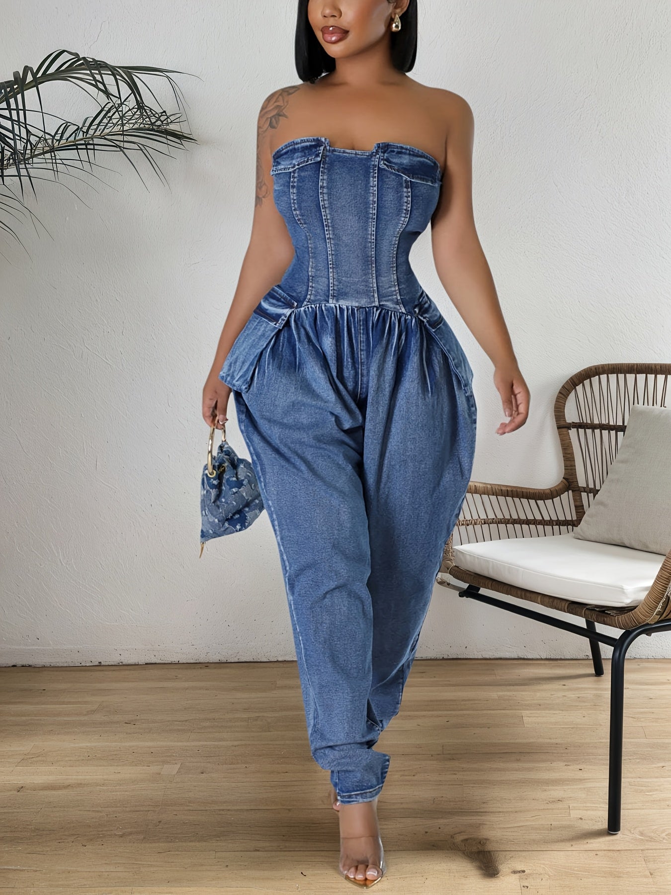 FZ Women's Cargo Fashion Sleeveless With Pockets Strapless Denim Jumpsuit